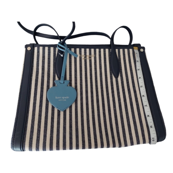 Kate Spade Market Stripe Navy Blue/ Beige Canvas Shoulder Tote Handbag Purse - Picture 7 of 9